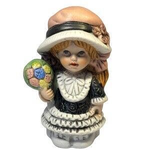 Vintage Ceramic Girl Figurine with Bonnet & Flowers – Victorian Style